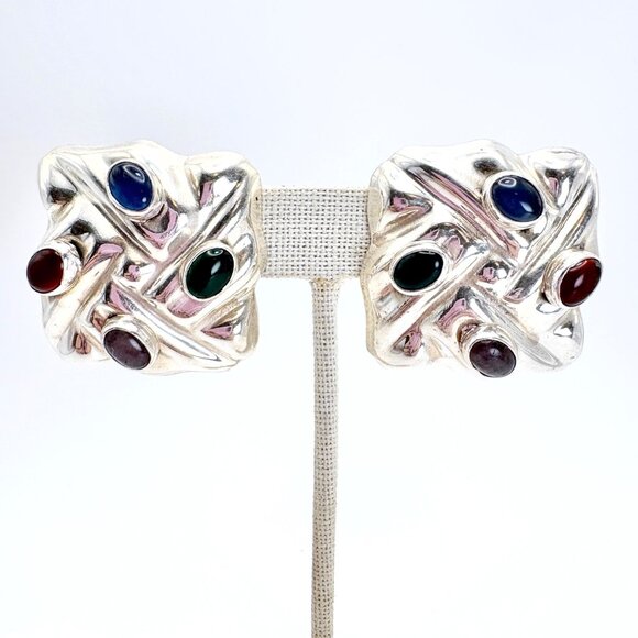 Sterling Silver 925 Multicolor Gemstone Puffed Clip On Earrings 1.25" Length - Picture 2 of 10